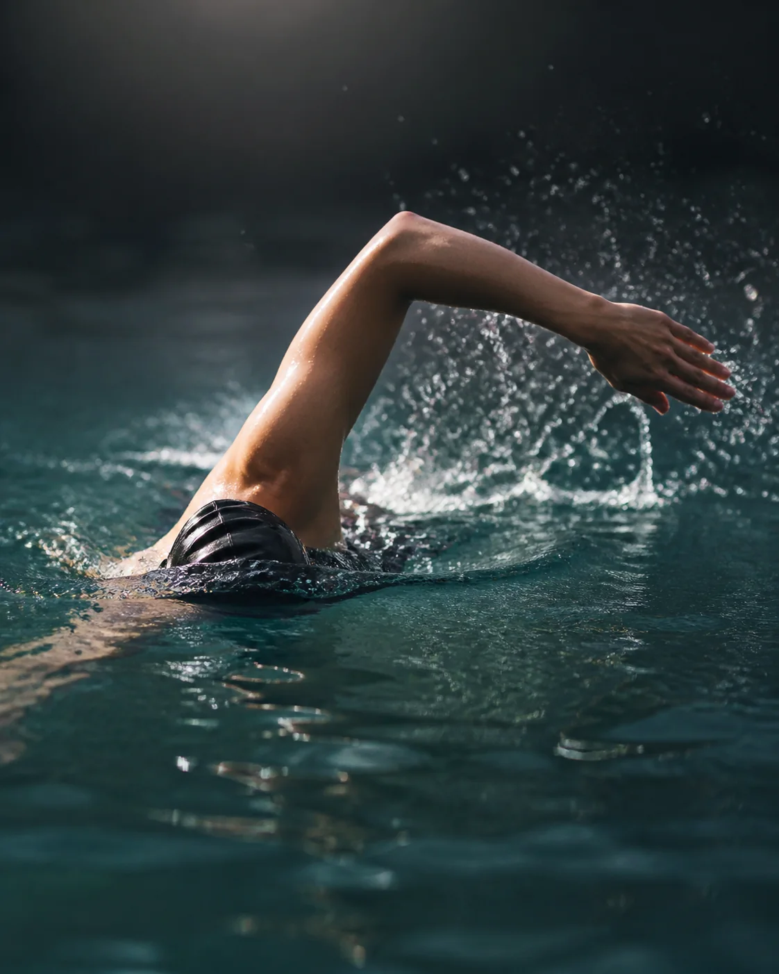 Sportliche Schwimmszene an der Wasserlinie mit Fokus auf Bewegung und Technik.